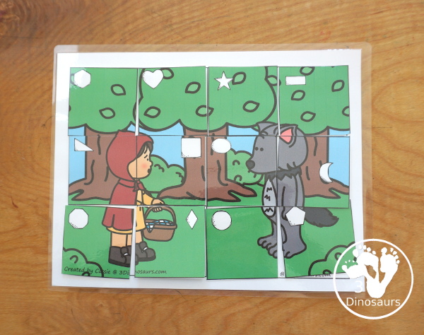 Free Little Red Riding Hood Shape Puzzle Printable for kids with matching geometric shape to the shape word on the mat. A great shape and Little Red Riding Hood printable for kids learning shapes. Plus fun theme for kids - 3Dinosaurs.com