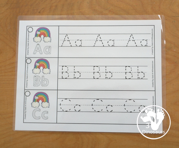 Free Rainbow ABC Tracing Strips - with uppercase and lowercase together. You have fun kids with a rainbow plus you can see an example of how to trace the letters - 3Dinosaurs.com