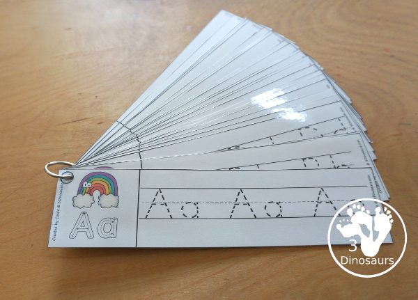 Free Rainbow ABC Tracing Strips - with uppercase and lowercase together. You have fun kids with a rainbow plus you can see an example of how to trace the letters - 3Dinosaurs.com