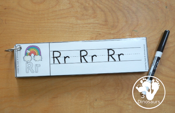 Free Rainbow ABC Tracing Strips - with uppercase and lowercase together. You have fun kids with a rainbow plus you can see an example of how to trace the letters - 3Dinosaurs.com