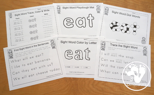Romping & Roaring Primer Sight Word: Eat - 6 pages of activities for the sight word eat.  3Dinosaurs.com