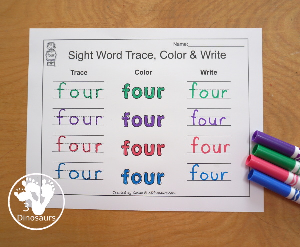 Romping & Roaring Primer Sight Words: eat, four, get, good - 6 pages of activities for each sight word- 3Dinosaurs.com