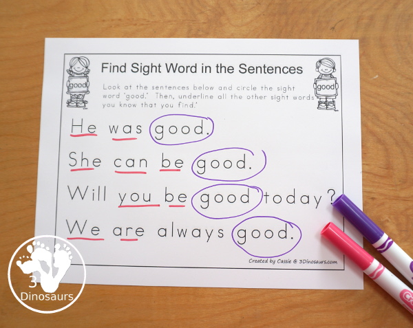 Romping & Roaring Primer Sight Words: eat, four, get, good - 6 pages of activities for each sight word- 3Dinosaurs.com