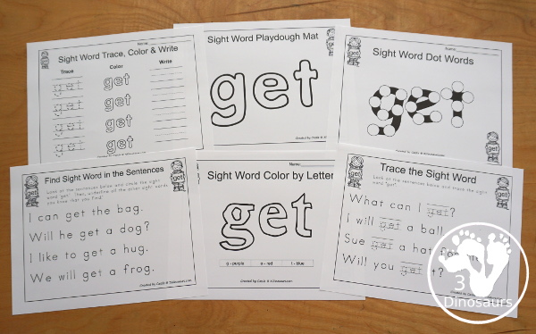 Romping & Roaring Primer Sight Word: Get - 6 pages of activities for the sight word get.  3Dinosaurs.com