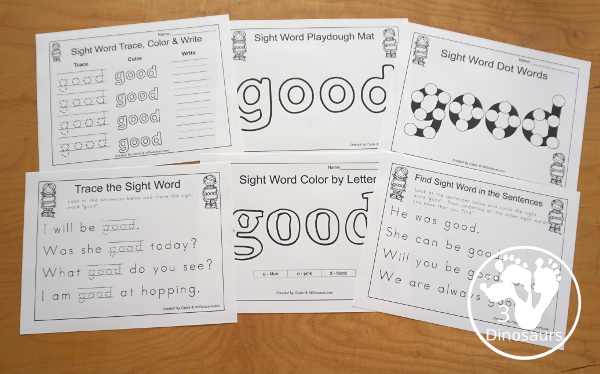 Romping & Roaring Primer Sight Word: Good - 6 pages of activities for the sight word good.  3Dinosaurs.com