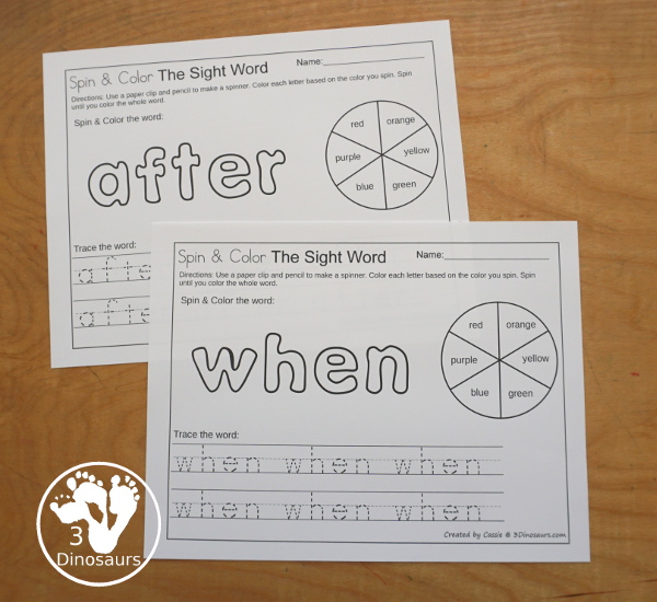 Easy No-Prep Sight Word Spin & Color Printable - all 220 Dolch Sight Words in an easy to use no-prep printable. You spin and color each letter of the word the color you spin. Then trace the words below. - 3Dinosaurs.com