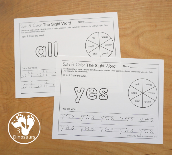 Easy No-Prep Sight Word Spin & Color Printable - all 220 Dolch Sight Words in an easy to use no-prep printable. You spin and color each letter of the word the color you spin. Then trace the words below. - 3Dinosaurs.com
