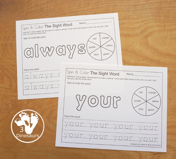 Easy No-Prep Sight Word Spin & Color Printable - all 220 Dolch Sight Words in an easy to use no-prep printable. You spin and color each letter of the word the color you spin. Then trace the words below. - 3Dinosaurs.com