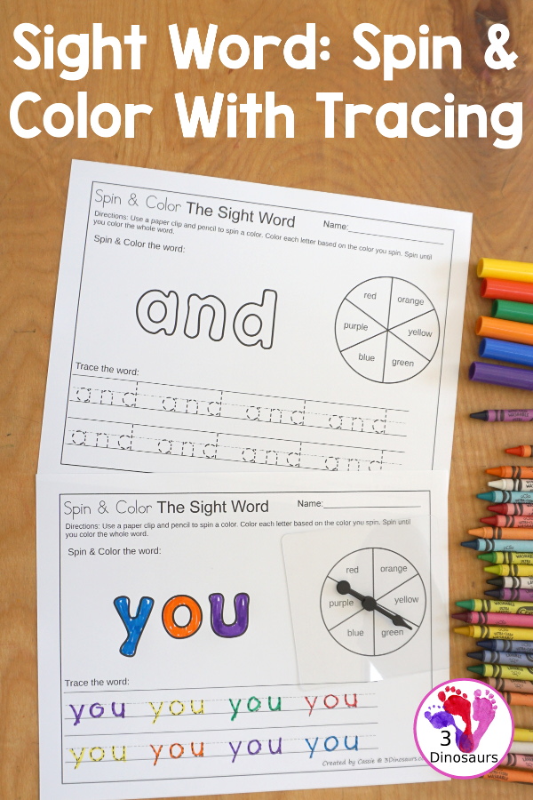 Easy No-Prep Sight Word Spin & Color Printable - all 220 Dolch Sight Words in an easy to use no-prep printable. You spin and color each letter of the word the color you spin. Then trace the words below. - 3Dinosaurs.com