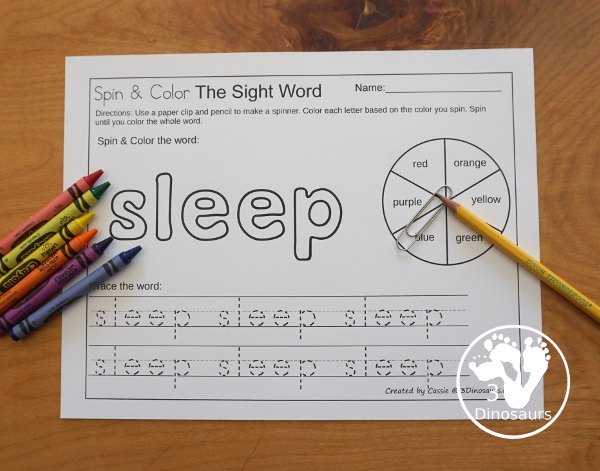Easy No-Prep Sight Word Spin & Color Printable - all 220 Dolch Sight Words in an easy to use no-prep printable. You spin and color each letter of the word the color you spin. Then trace the words below. - 3Dinosaurs.com