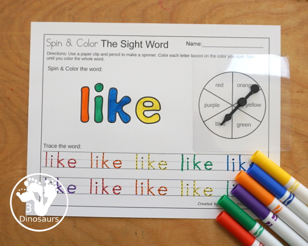 Easy No-Prep Sight Word Spin & Color Printable - all 220 Dolch Sight Words in an easy to use no-prep printable. You spin and color each letter of the word the color you spin. Then trace the words below. - 3Dinosaurs.com