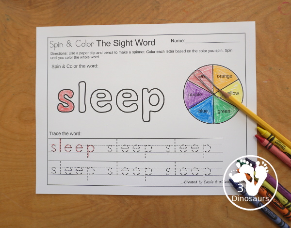 Easy No-Prep Sight Word Spin & Color Printable - all 220 Dolch Sight Words in an easy to use no-prep printable. You spin and color each letter of the word the color you spin. Then trace the words below. - 3Dinosaurs.com