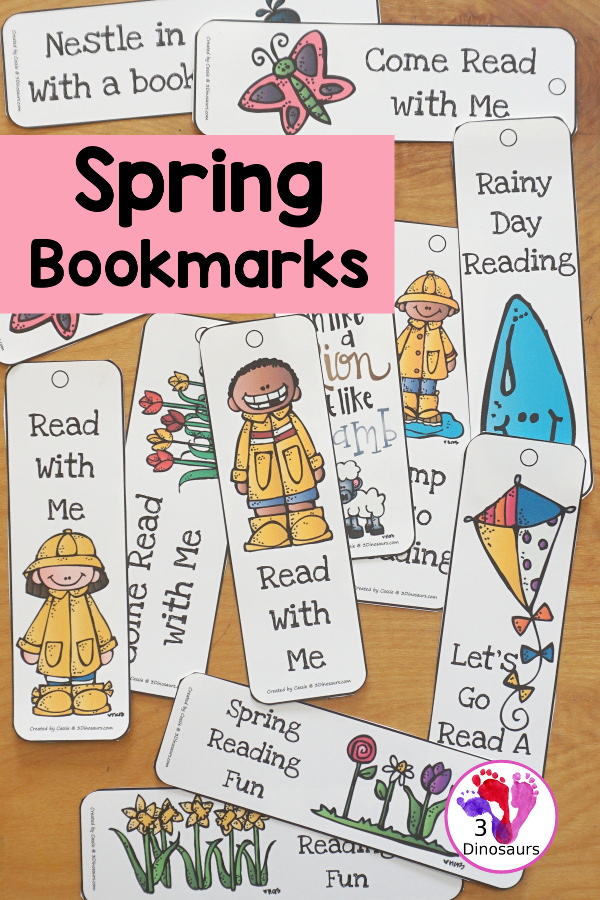 FREE Spring Bookmark Printables - You have 12 spring themed bookmarks with vertical and horizontal bookmarks for kids. They have lots of different spring themes - 3Dinosaurs.com
