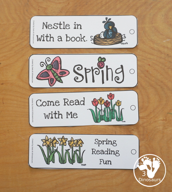 FREE Spring Bookmark Printables - You have 12 spring themed bookmarks with vertical and horizontal bookmarks for kids. They have lots of different spring themes - 3Dinosaurs.com