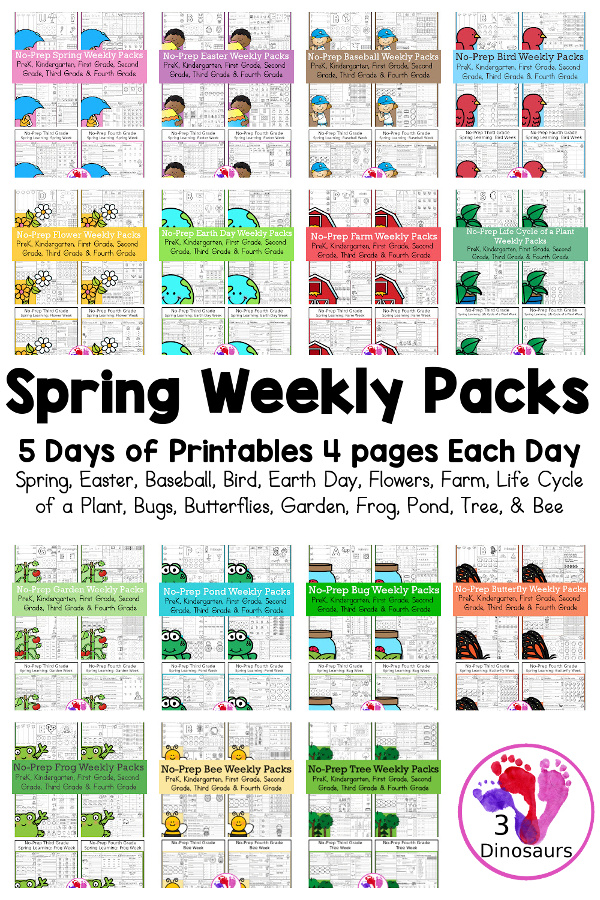 No-Prep Weekly Packs for the Spring for Prek to 4th Grade - with the following themes: Spring, Easter, Baseball, Bird, Earth Day, Flowers, Farm, Life Cycle of a Plant, Bugs, Butterflies, Garden, Frog, Pond, Tree & Bee - 5 days of printables with 4 pages for each day - an easy no-prep printables for spring - 3Dinosaurs.com