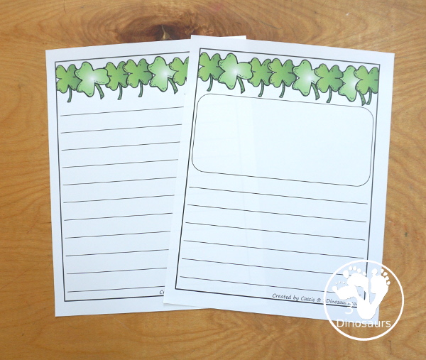 Free St Patrick's Day Writing Paper Printable - You have two pictures with clovers only and Leprechauns with a pot of gold. They come in guidelines and single lines for the writing types - 3Dinosaurs.com