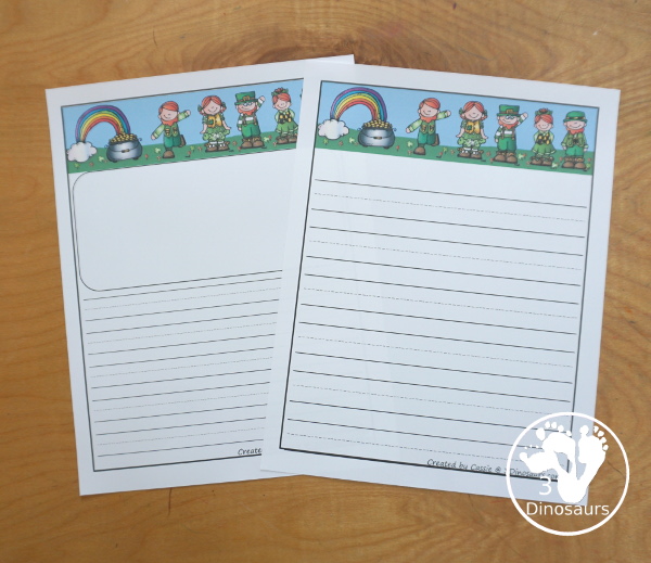Free St Patrick's Day Writing Paper Printable - You have two pictures with clovers only and Leprechauns with a pot of gold. They come in guidelines and single lines for the writing types - 3Dinosaurs.com