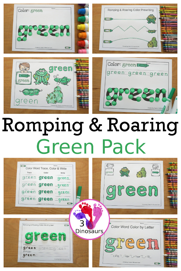 Free Romping & Roaring Color Pack Green - 8 free pages of printables for the color green - Playoudgh mats, coloring, tracing and more. A great way to work on the color green with kids. - 3Dinosaurs.com