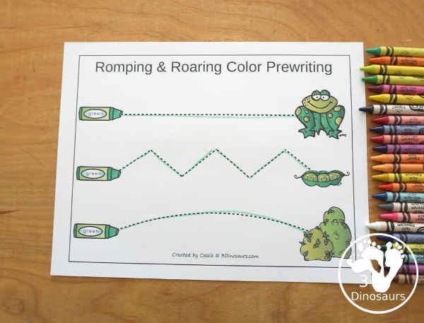 Free Romping & Roaring Color Pack Green - 8 free pages of printables for the color green - Playoudgh mats, coloring, tracing and more. A great way to work on the color green with kids. - 3Dinosaurs.com