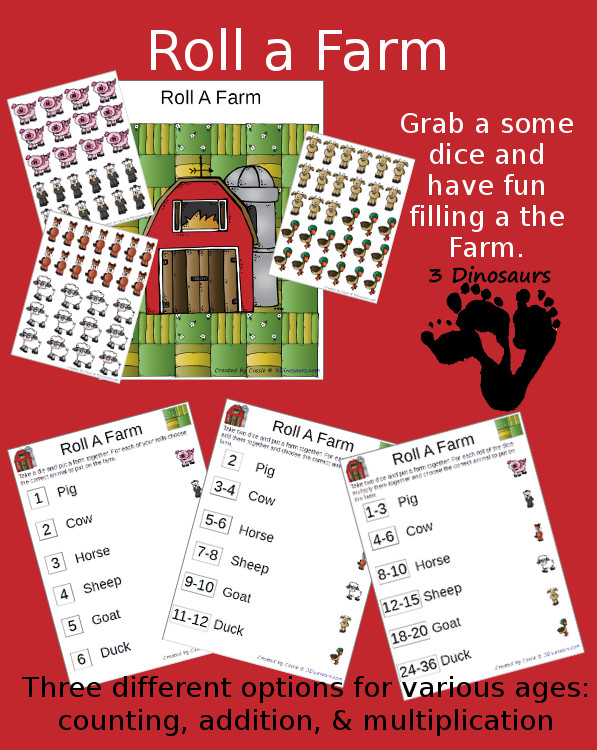 Free Roll a Farm Printable - 3 Levels of learning: counting, addition, and multiplication - 3Dinosaurs.com