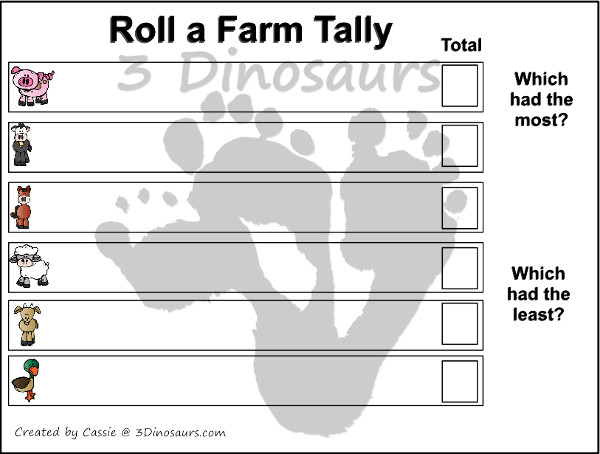 Free Roll a Farm Printable - 3 Levels of learning: counting, addition, and multiplication - 3Dinosaurs.com