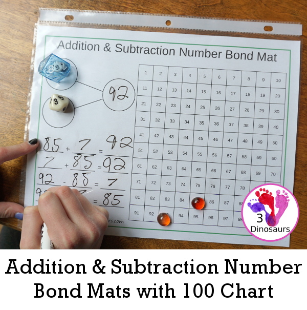 Free Addition & Subtraction Number Bond Mats with 100 Chart - with several color options and has math facts, number bonds and 100 chart for kids to use - 3Dinosaurs.com