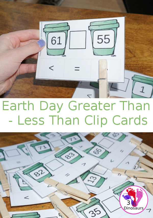 Free Earth Day Clip Cards for Comparing Numbers - greater than and less than with 5 pages of cards - 3Dinosaurs.com