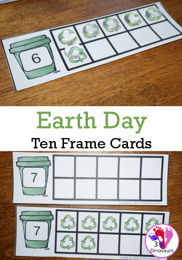 Free Earth Day Ten Frame Cards - two different types of cards to use  with counting up to 10 - 3Dinosaurs.com