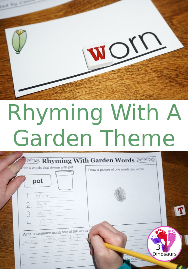Free Rhyming Words With A Garden Theme - 6 different word endings to work on rhyming: -orn, -ose, -irt, -oy, -ot, and -eed - with drawing and writing. - 3Dinosaurs.com
