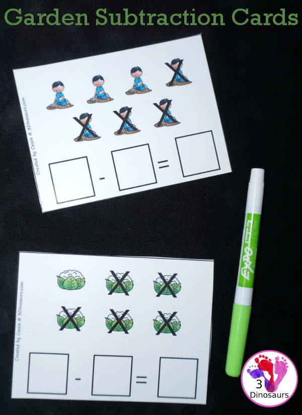 Free Garden Themed Subtraction Cards For Math Centers - 4 pages of printables with subtraction cards kids can write the equation on - 3Dinosaurs.com