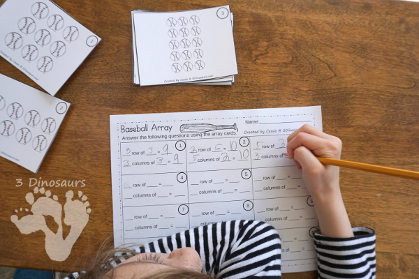 Free Fun To Use Baseball Themed Array Task Cards - 12 task cards with 3 different matching worksheets to use with the cards - 3Dinosaurs.com