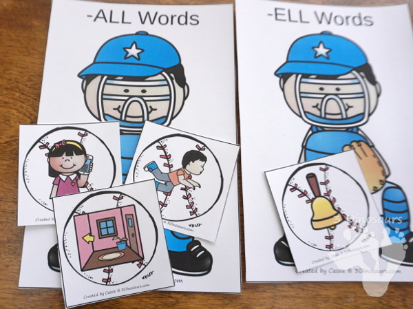 Free Fun Hands-On Baseball Double LL Sorting - 15 cards to sort with recording worksheet for kids to learn double LL ending words - 3Dinosaurs.com