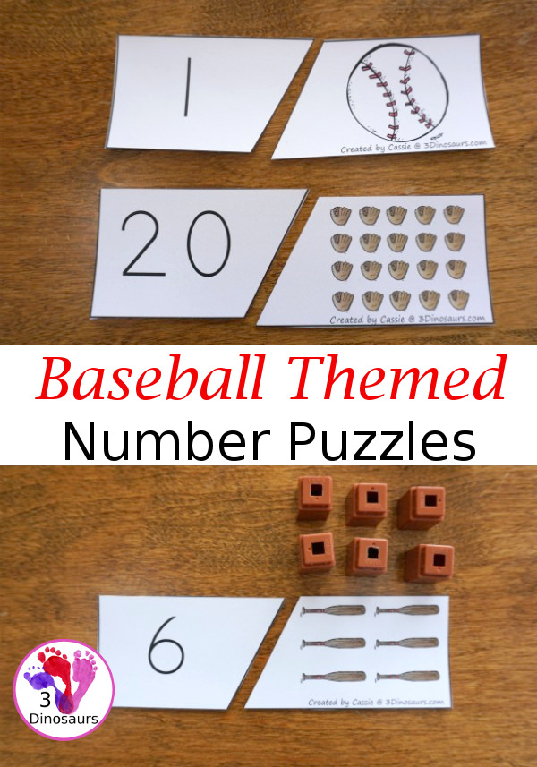Free Hands-On Counting With Baseball Number Matching Puzzles - 2 piece puzzles with numbers 1 to 20 matching puzzles  - 3Dinosaurs.com