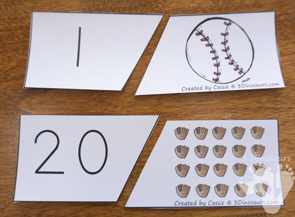 Free Hands-On Counting With Baseball Number Matching Puzzles - 2 piece puzzles with numbers 1 to 20 matching puzzles  - 3Dinosaurs.com