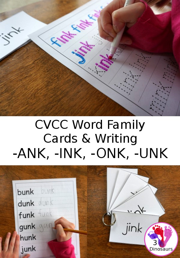 Free CVCC Word Family Cards & Writing - ANK, INK, ONK, UNK - 3Dinosaurs.com
