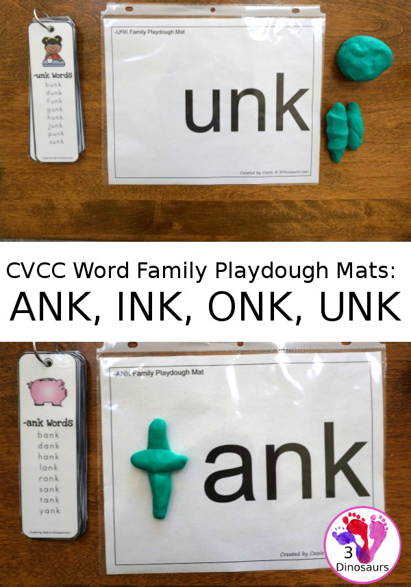 Free CVCC Word Family Playdough Mats: ANK, INK, ONK, UNK - 3Dinosaurs.com
