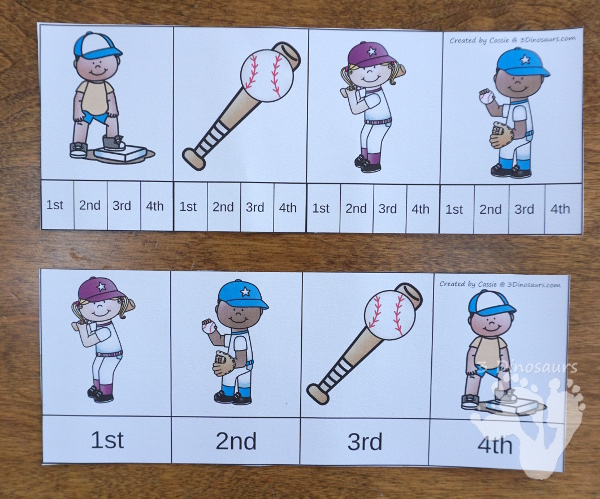 Free Mini Baseball Themed Sequencing - with clip cards, writing and cut and paste $ - 3Dinosaurs.com #printablesforkids #sequencingforkids #springprintables #baseball
