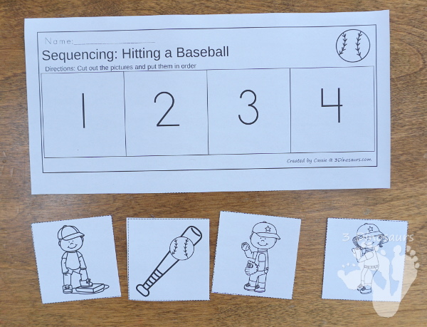 Free Mini Baseball Themed Sequencing - with clip cards, writing and cut and paste $ - 3Dinosaurs.com #printablesforkids #sequencingforkids #springprintables #baseball