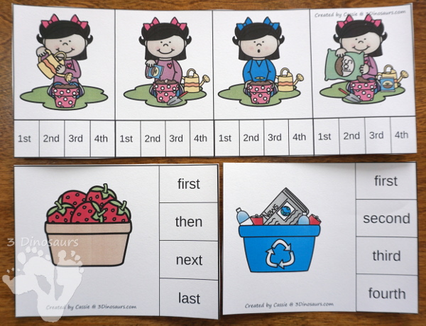 Sequencing Cards Set for Spring & Earth Day - Currently 5 new sequencing sets: How to Grow Plant, How To Recycle, Life Cycle of a Plant, How to Grow a Garden, How To Pick Strawberries, and The Water Cycle . They have clip cards, task cards, no-prep worksheets and easy reader books $ - 3Dinosaurs.com #printablesforkids #sequencingforkids #earthday #springprintables #tpt #teacherspayteachers