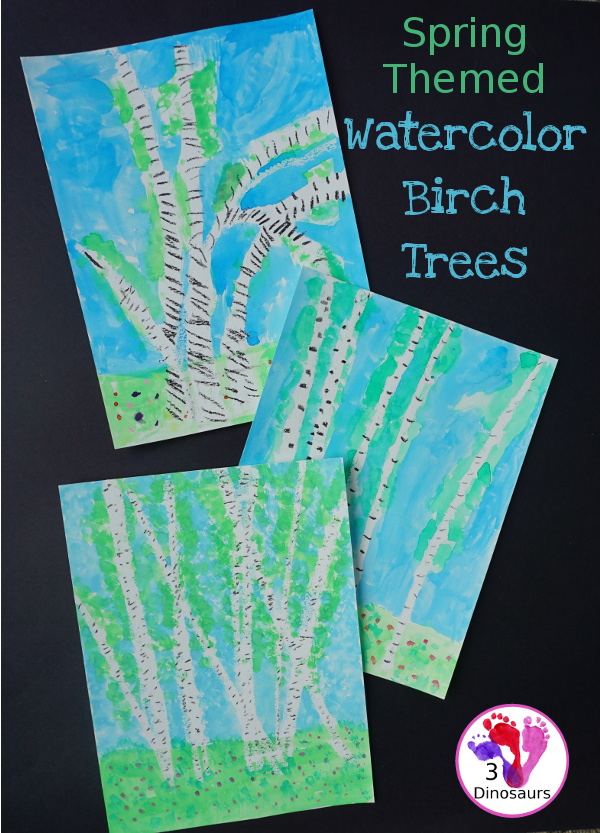 Easy to Paint Watercolor Spring Birch Trees - a fun painting project for spring or Earth Day - 3Dinosaurs.com