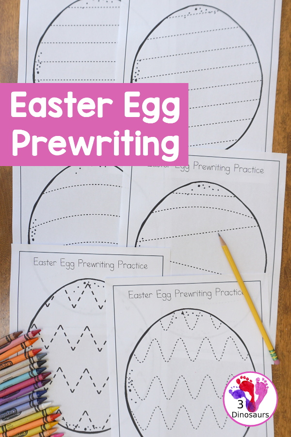 Free Easter Egg Theme Prewriting - 8 fun pages with an Easter egg prewriting for kids to trace and have fun doing fine motor for Easter - You can use them for any egg theme as well. - 3Dinosaurs.com