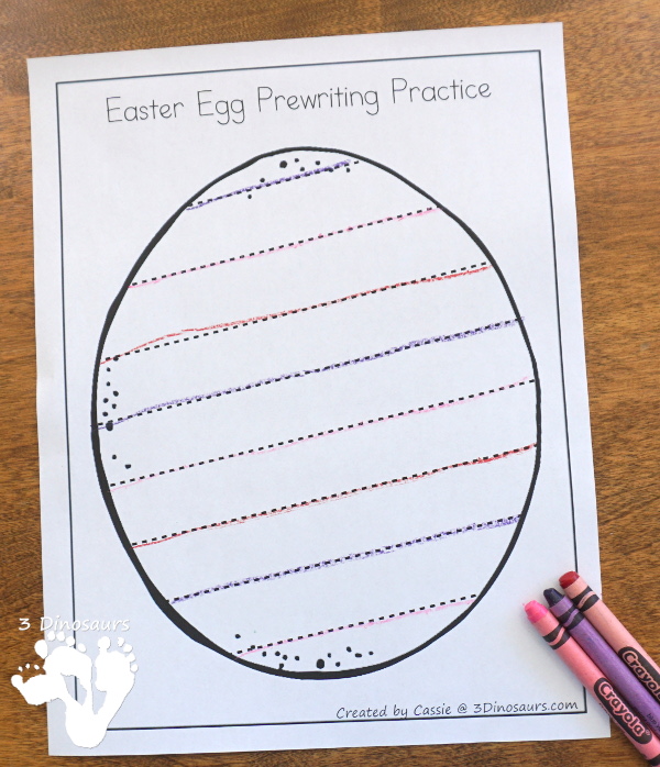 Free Easter Egg Theme Prewriting - 8 fun pages with an Easter egg theme for kids to trace and have fun doing fine motor with - 3Dinosaurs.com