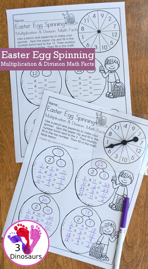 Free Easter Egg Spinning Multiplication & Division Math Facts - math facts 2 to 12 with 4 recording sheets per page with spinner - 3Dinosaurs.com