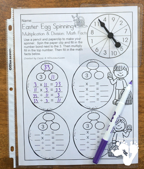 Free Easter Egg Spinning Multiplication & Division Math Facts - math facts 2 to 12 with 4 recording sheets per page with spinner - 3Dinosaurs.com