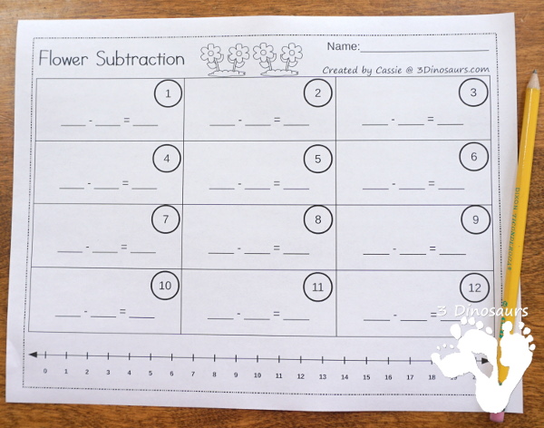 Free Flower Subtraction Task Cards - 12 cards done two different ways with a recording sheet - 3Dinosaurs.com