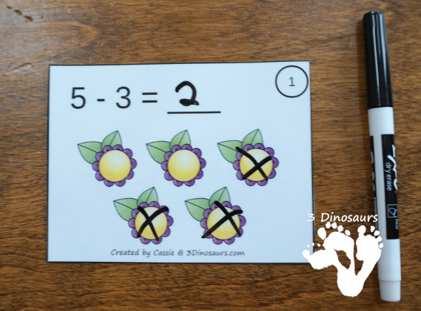 Free Flower Subtraction Task Cards - 12 cards done two different ways with a recording sheet - 3Dinosaurs.com