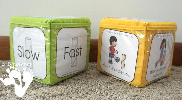 Free Paper Roll Themed Gross Motor Dice -  3 action movements included with dice and dice inserts - 3Dinosaurs.com