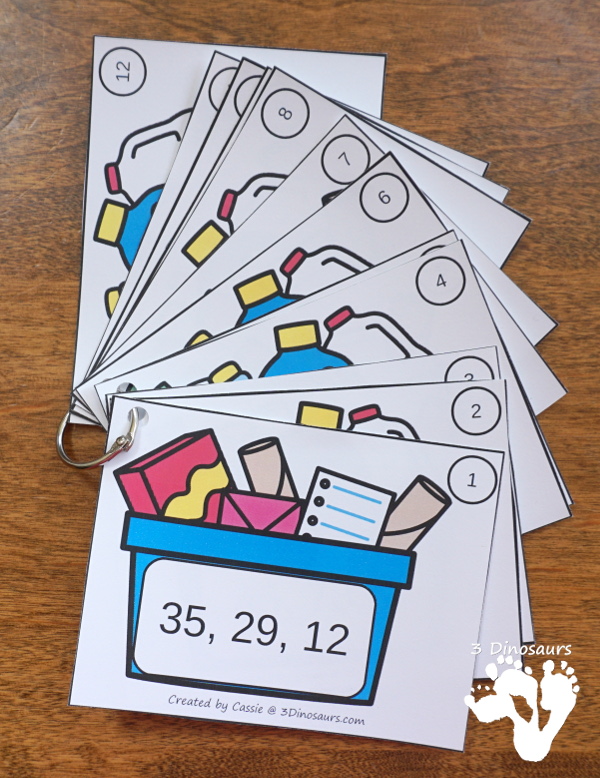 Free Recycling Themed Number Order Task Cards - 3 levels of learning with 3 sets of task card and worksheet to have kids put the numbers in order - 3Dinosaurs.com