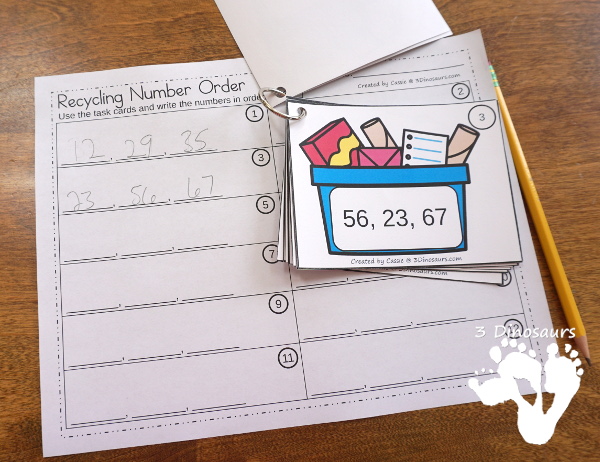 Free Recycling Themed Number Order Task Cards - 3 levels of learning with 3 sets of task card and worksheet to have kids put the numbers in order - 3Dinosaurs.com