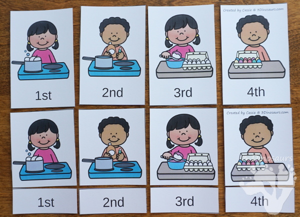 Sequencing: How to Dye Easter Eggs with clip cards, task cards, no-prep worksheets and easy reader books $ - 3Dinosaurs.com #printablesforkids #sequencingforkids #easter #springprintables #tpt #teacherspayteachers